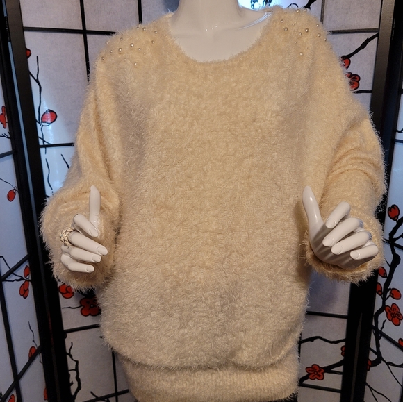 BLACK RIVAT G-III APPAREL BIG FUZZY CREAMY XL LADIES KNIT W/GOLD LUREX SPARKLE - Picture 9 of 9
